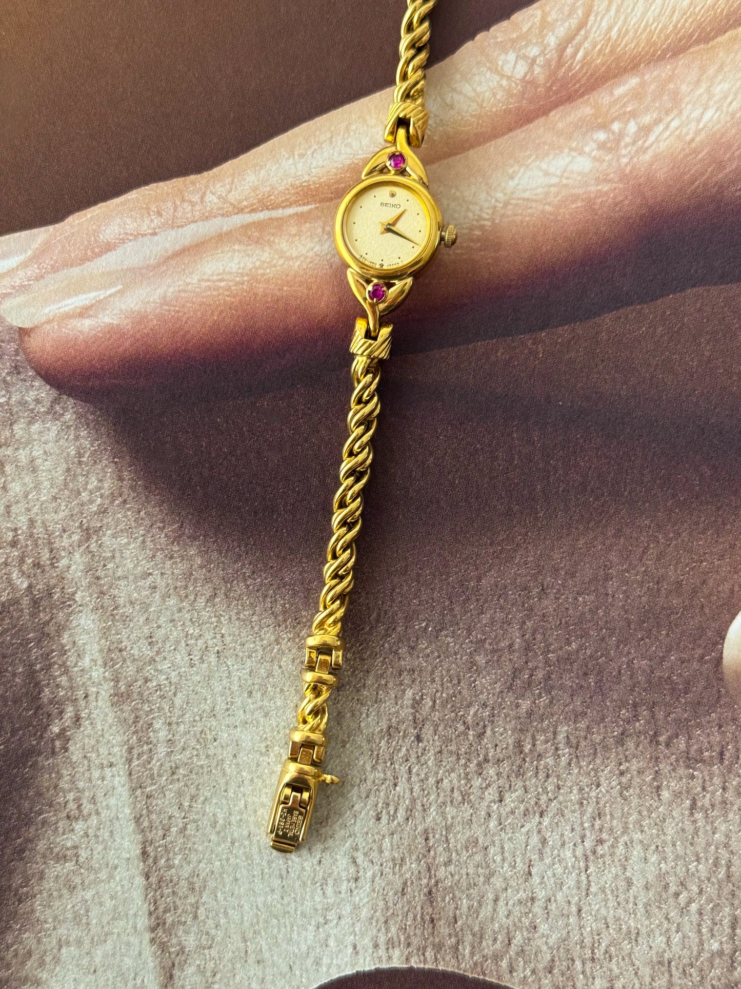 Rare Petite Vintage Seiko Watch With Genuine Rubies and Dainty Rope Band