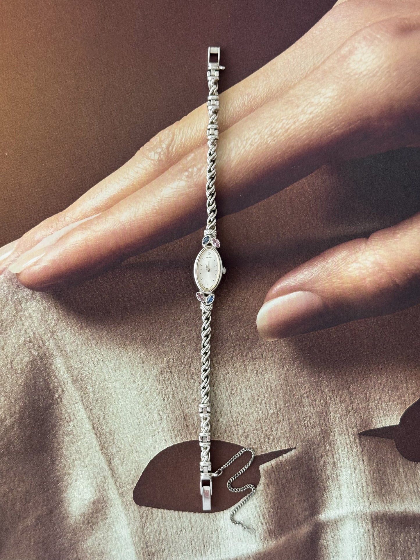 Extremely Rare 1990s Silver Seiko Watch With Genuine Gemstones Oval Face and Dainty Rope Band