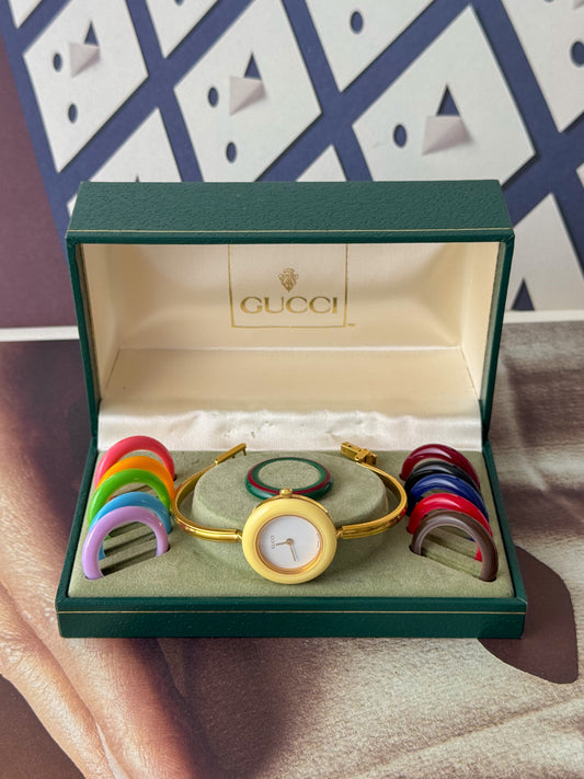 Vintage 1980s Gold Plated Gucci Interchangeable Bezel Watch Bangle
