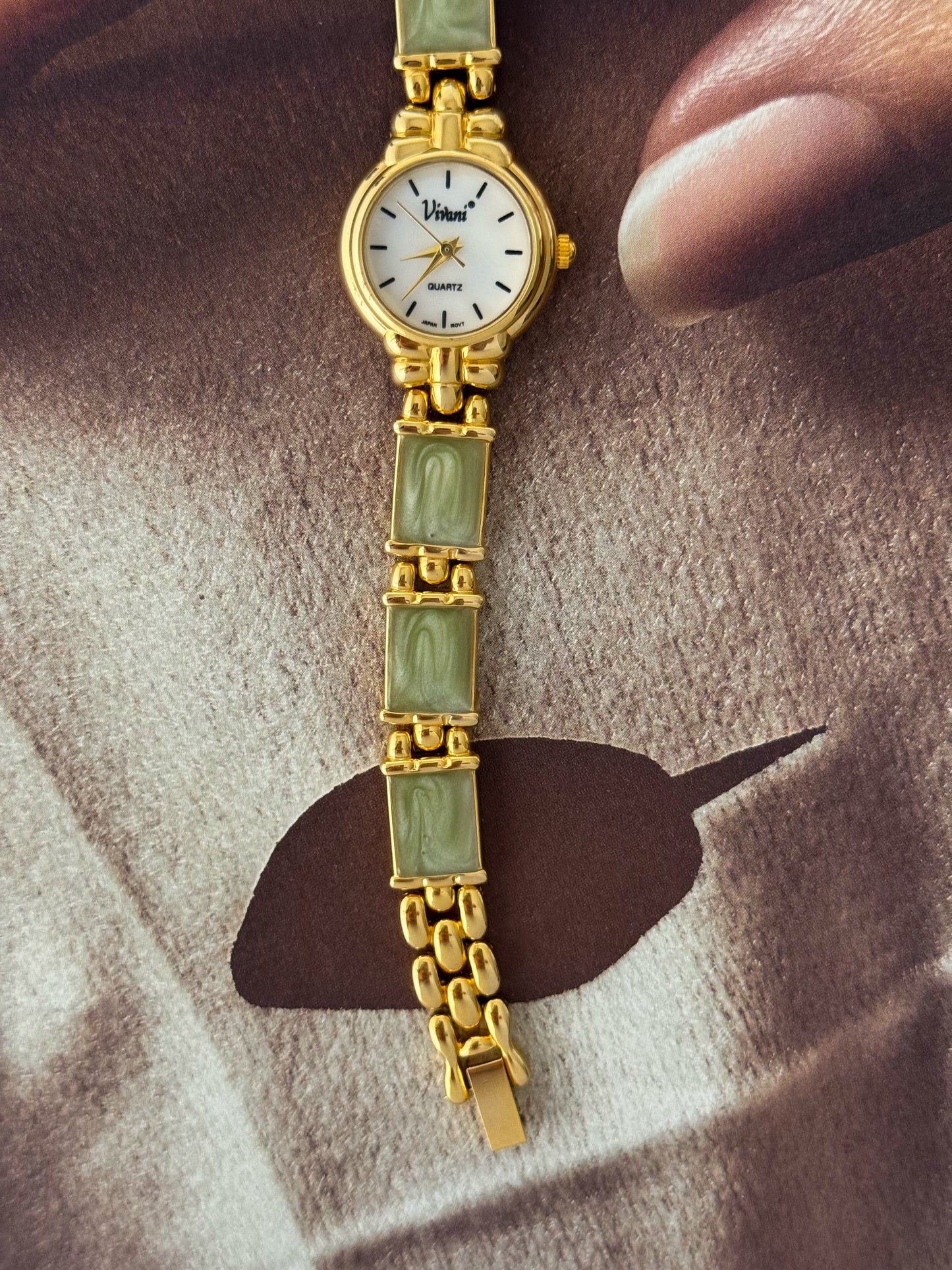 Vintage Vivani Gold Watch With Swirl Green Stone Band