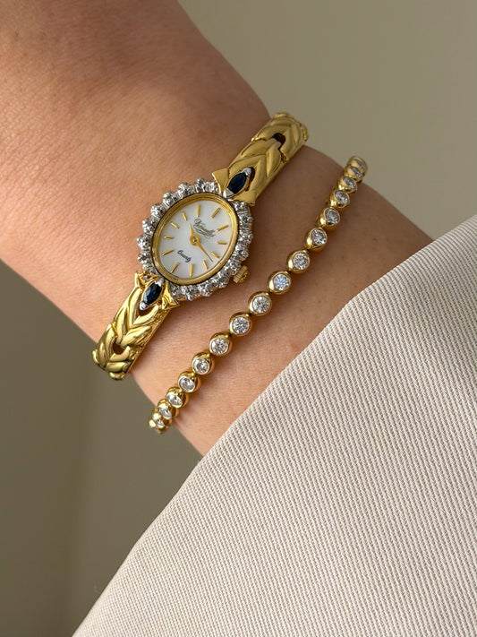 Vintage Gold Watch With Blue Gemstones and Diamond Accent