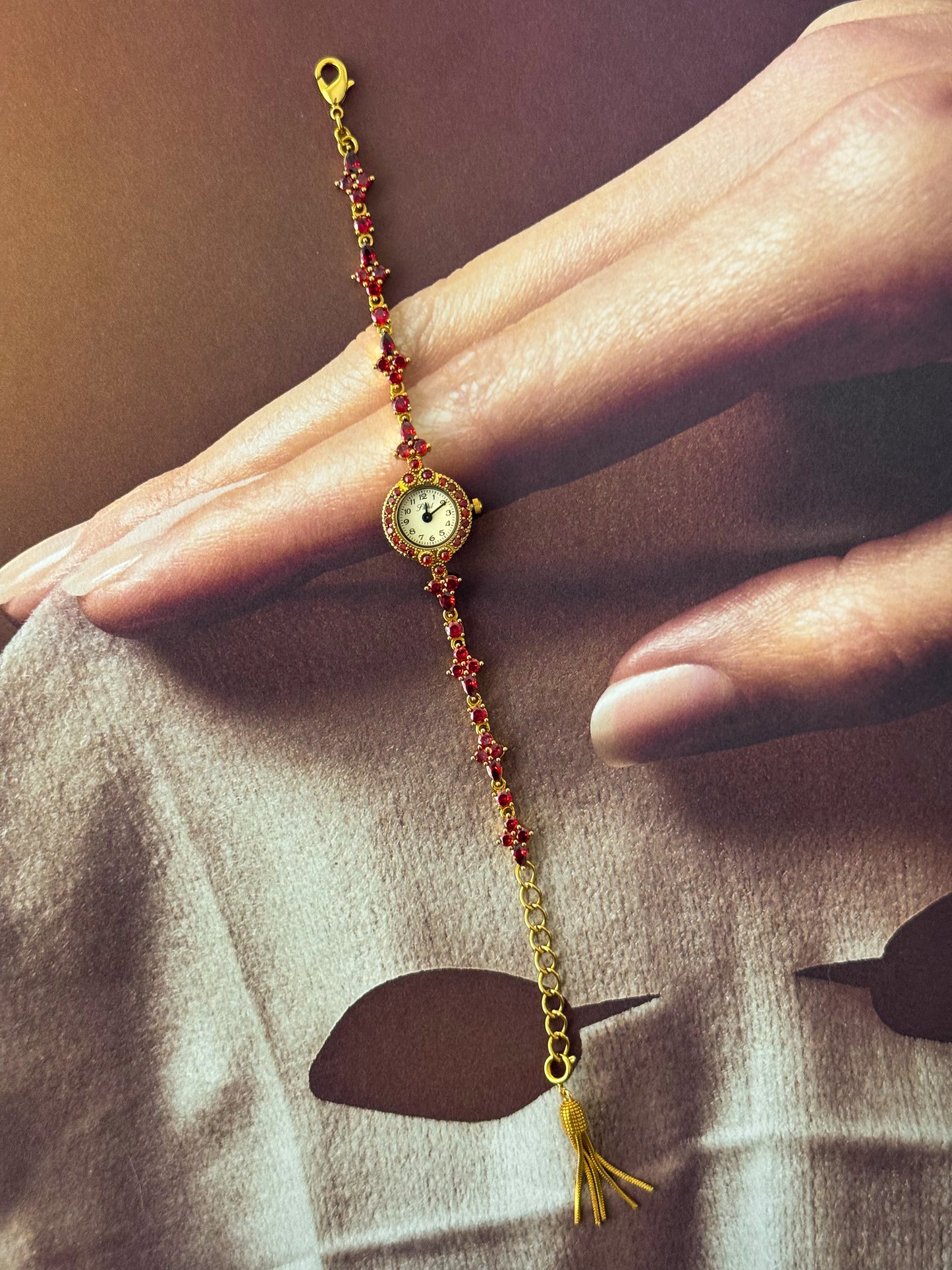 Dainty Red Garnet Stone Watch Bracelet With Petite Dial