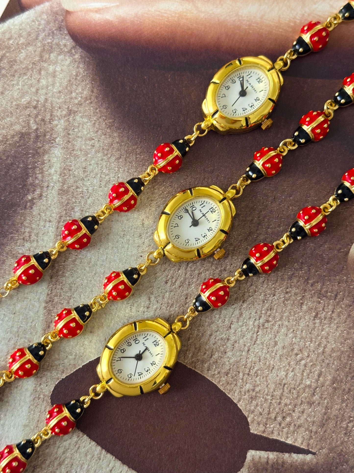 Dainty Gold Tone Ladybug Watch Bracelet