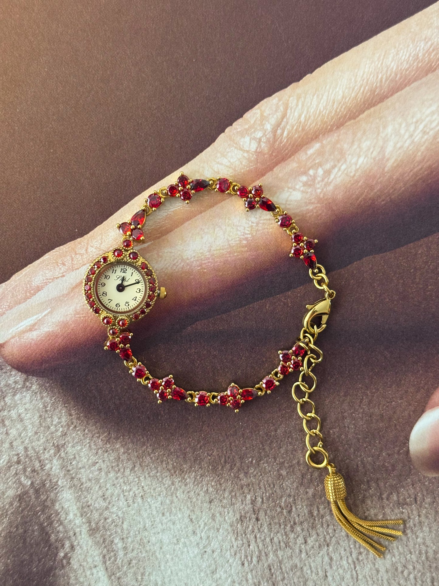 Dainty Red Garnet Stone Watch Bracelet With Petite Dial