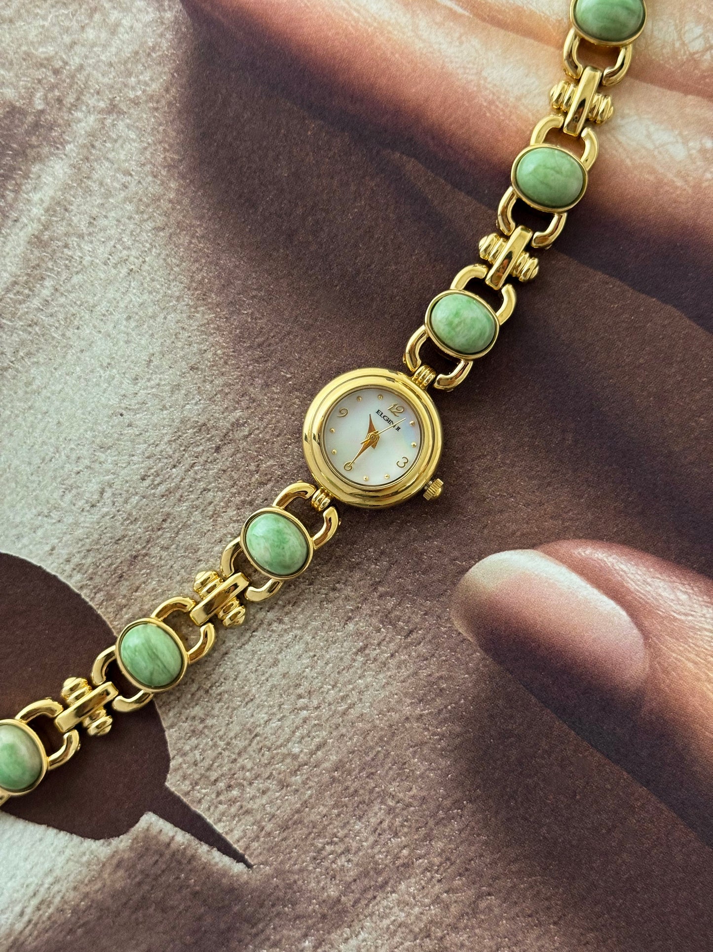 Vintage Elgin Gold Watch With Natural Jade Stone Band