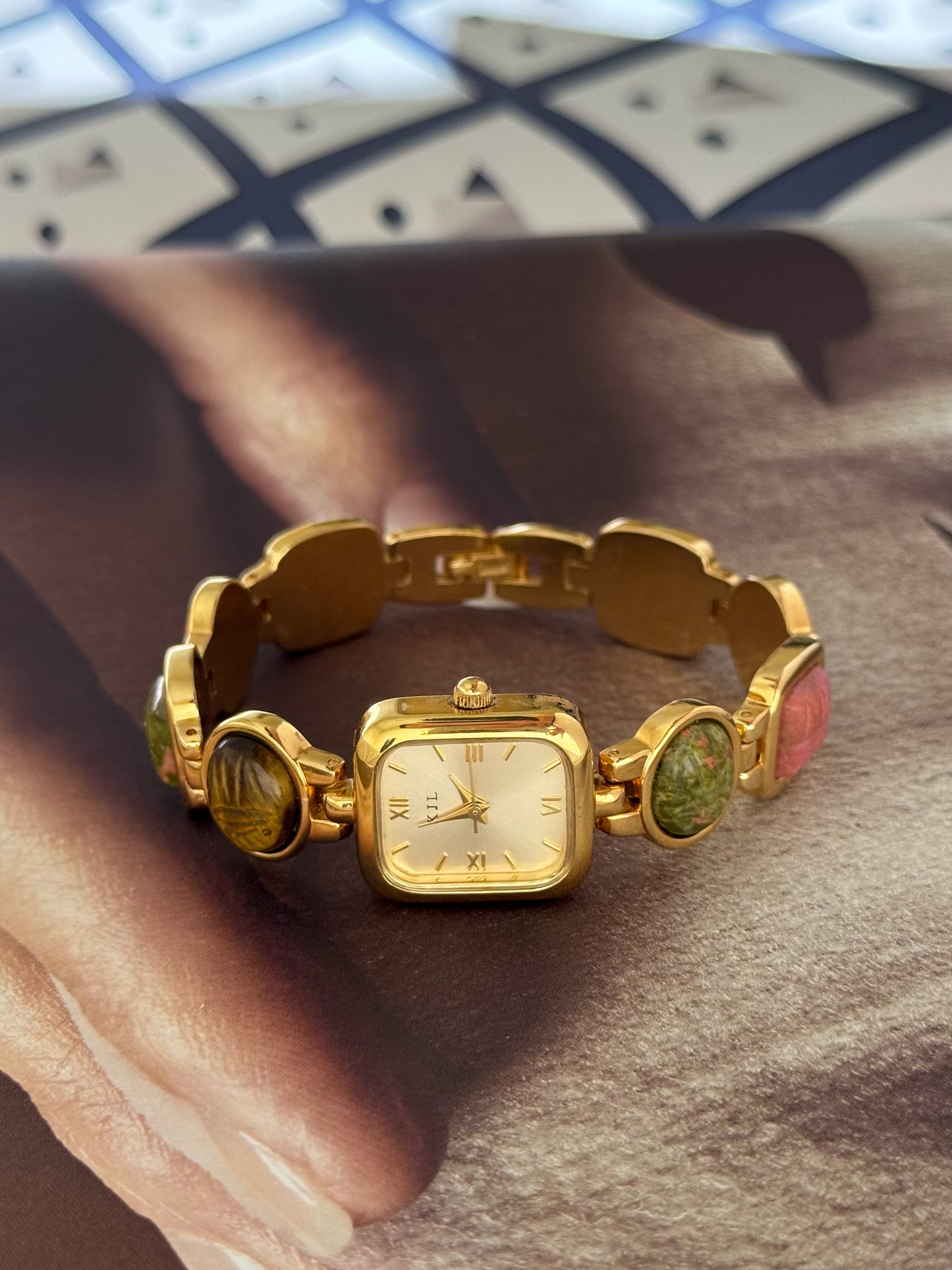 Vintage Kenneth Jay Lane (KJL) Gold Tone Watch With Egyptian Carved Scarab Gemstone Band