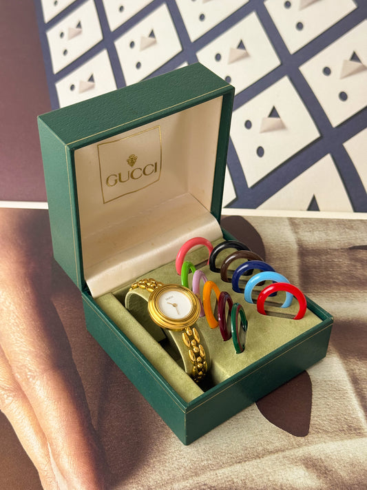Vintage 1980s Gold Plated Gucci Interchangeable Bezel Watch With Rice Links Band