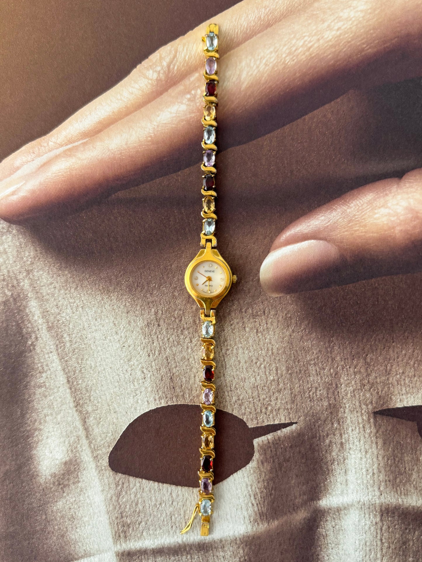 Vintage Geneve Gold Watch With Genuine Multicolor Gemstone Band