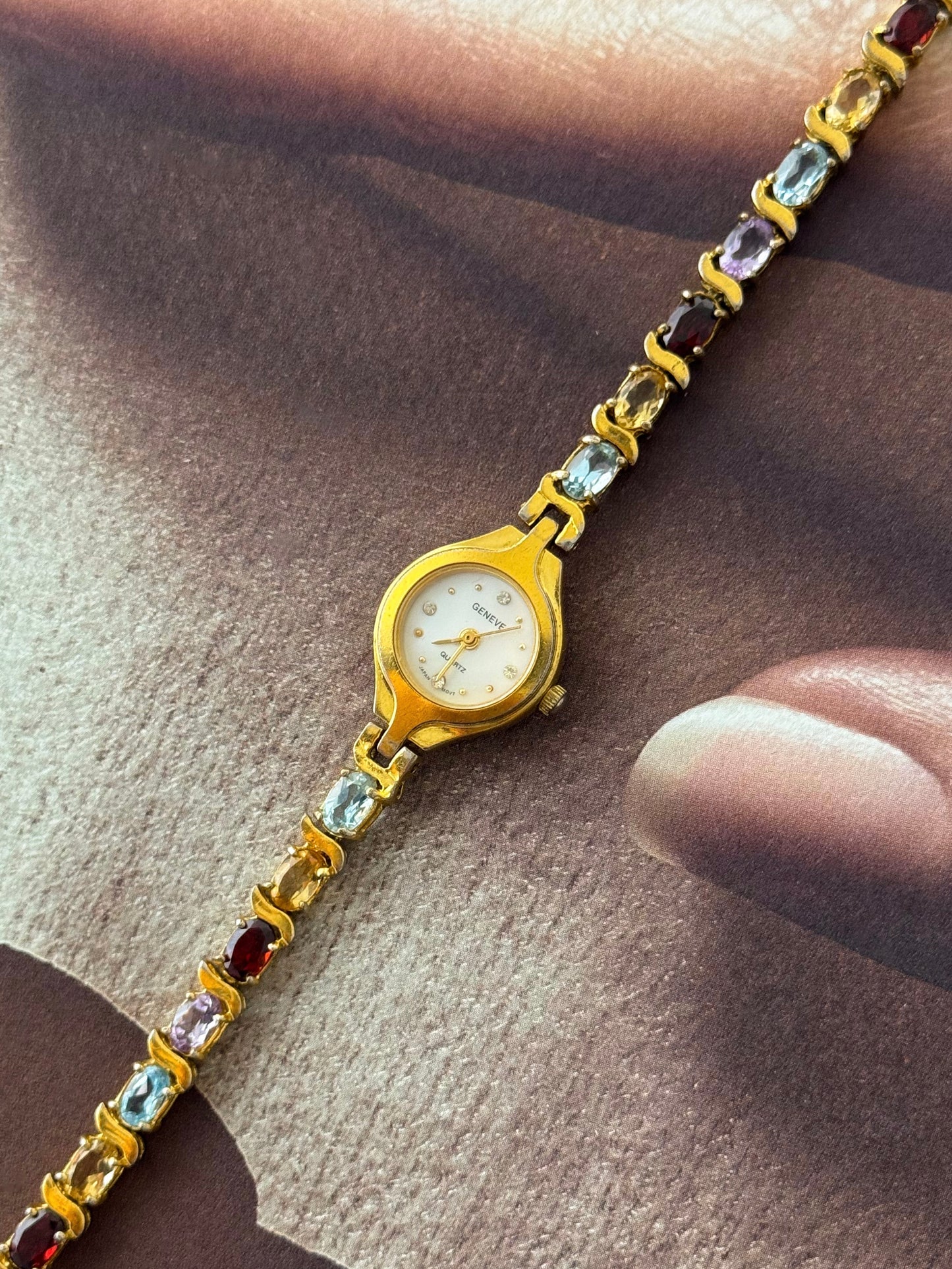 Vintage Geneve Gold Watch With Genuine Multicolor Gemstone Band