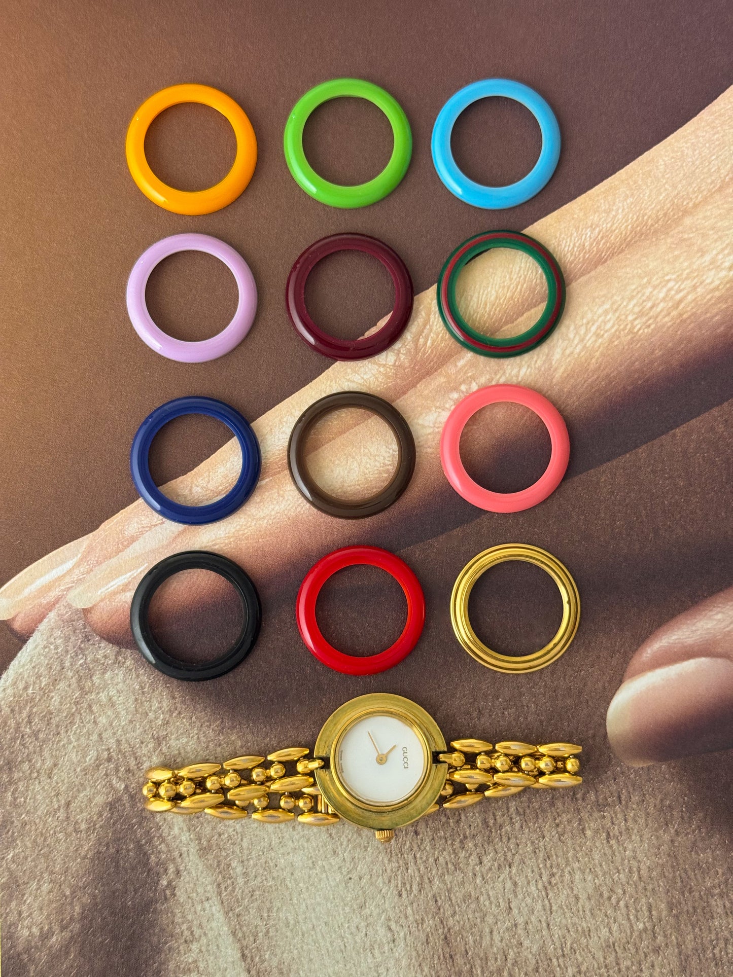 Vintage 1980s Gold Plated Gucci Interchangeable Bezel Watch With Rice Links Band