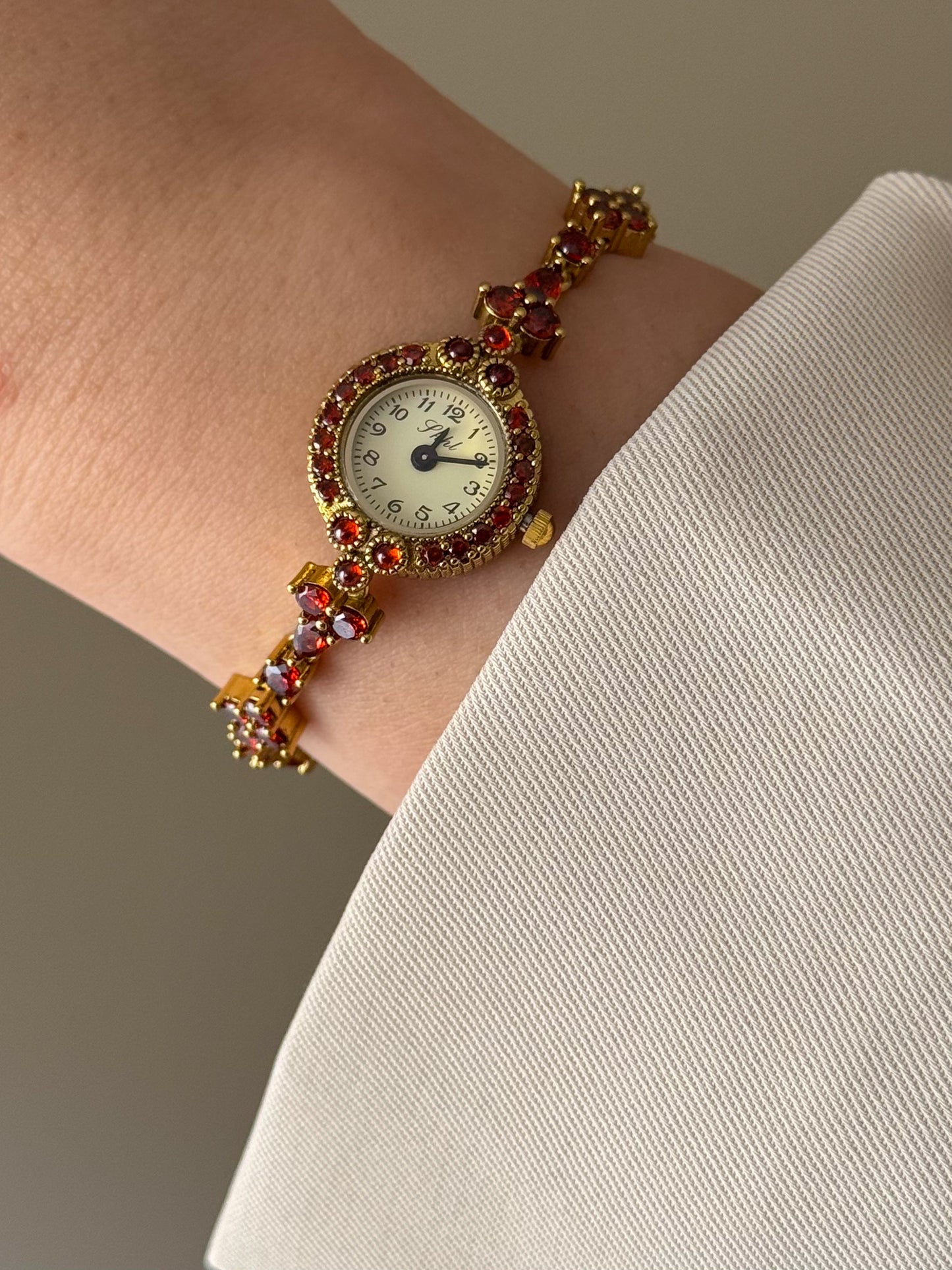 Dainty Red Garnet Stone Watch Bracelet With Petite Dial