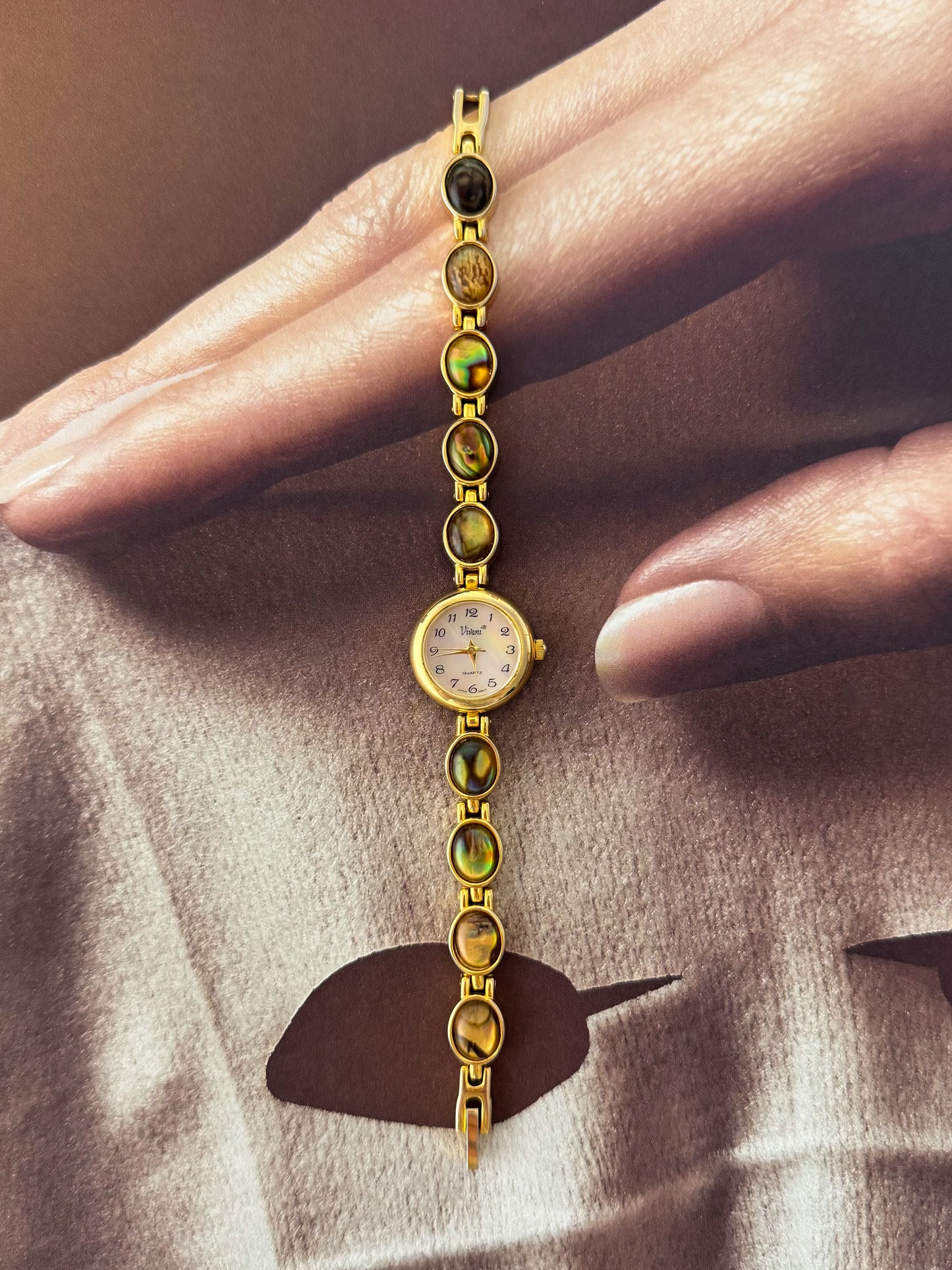 Vintage Gold Watch With Natural Abalone and Mother Of Pearl Dial
