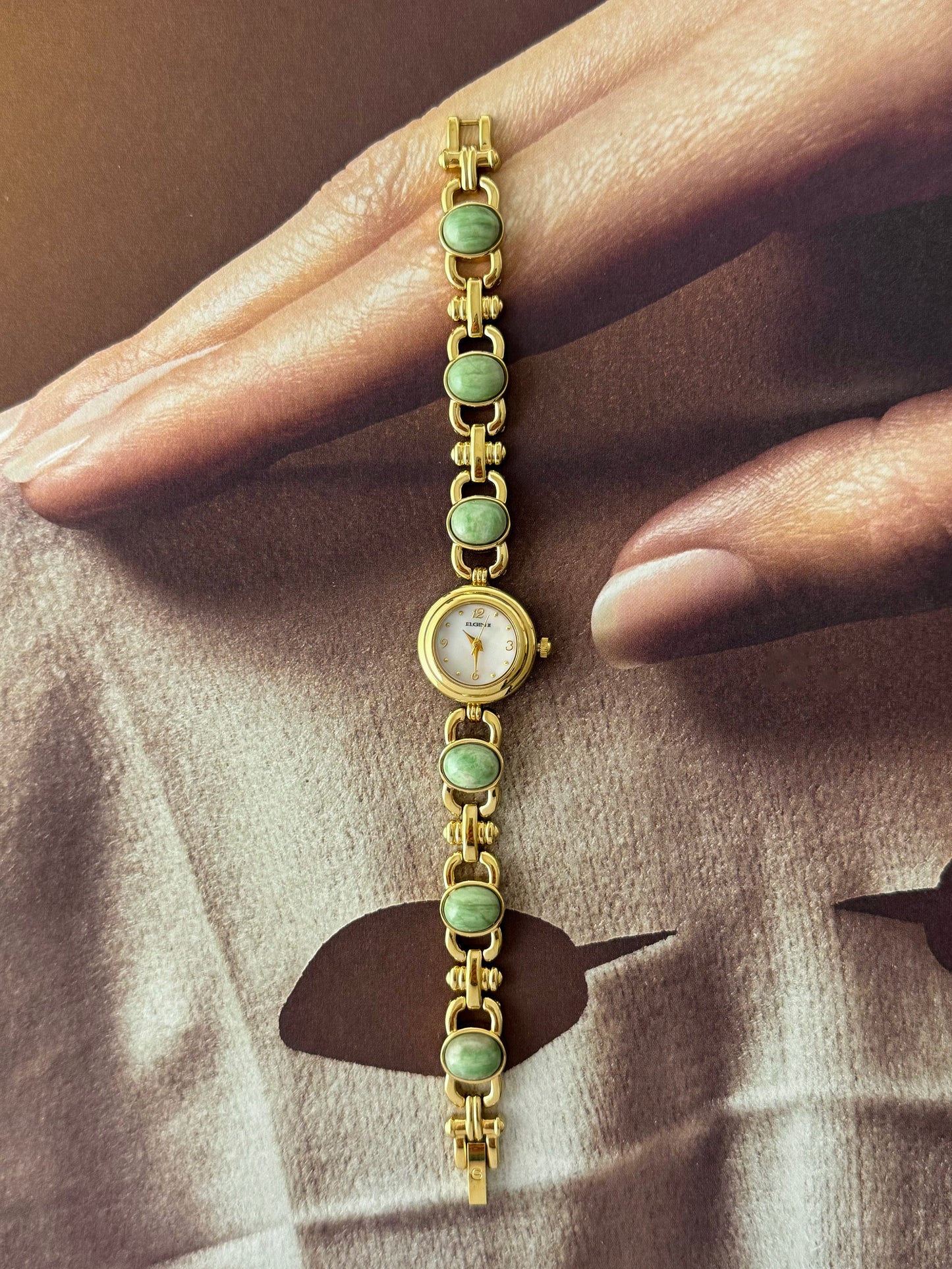 Vintage Elgin Gold Watch With Natural Jade Stone Band