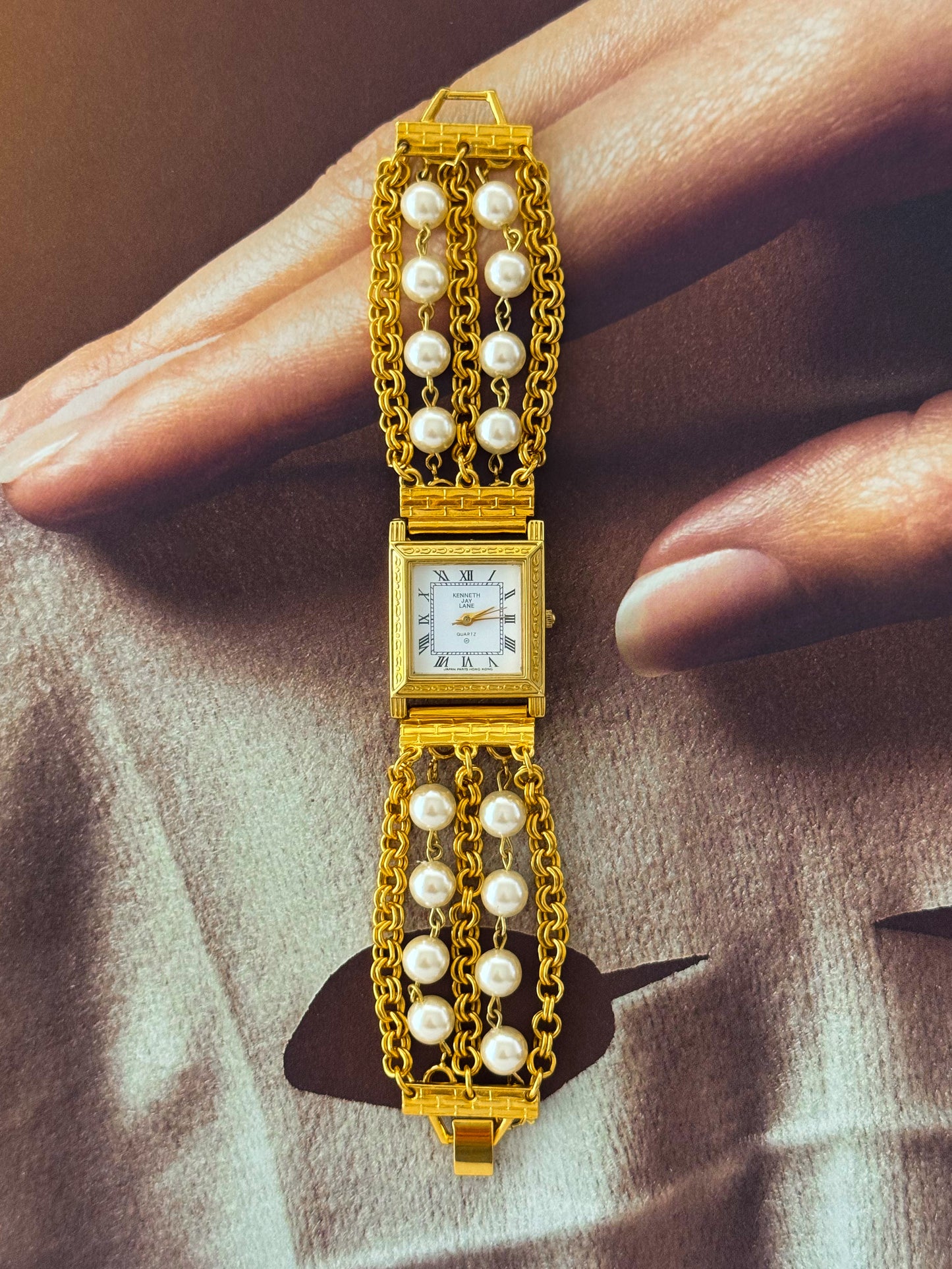 Vintage Kenneth Jay Lane (KJL) Gold Watch With Pearl Band and Square Case