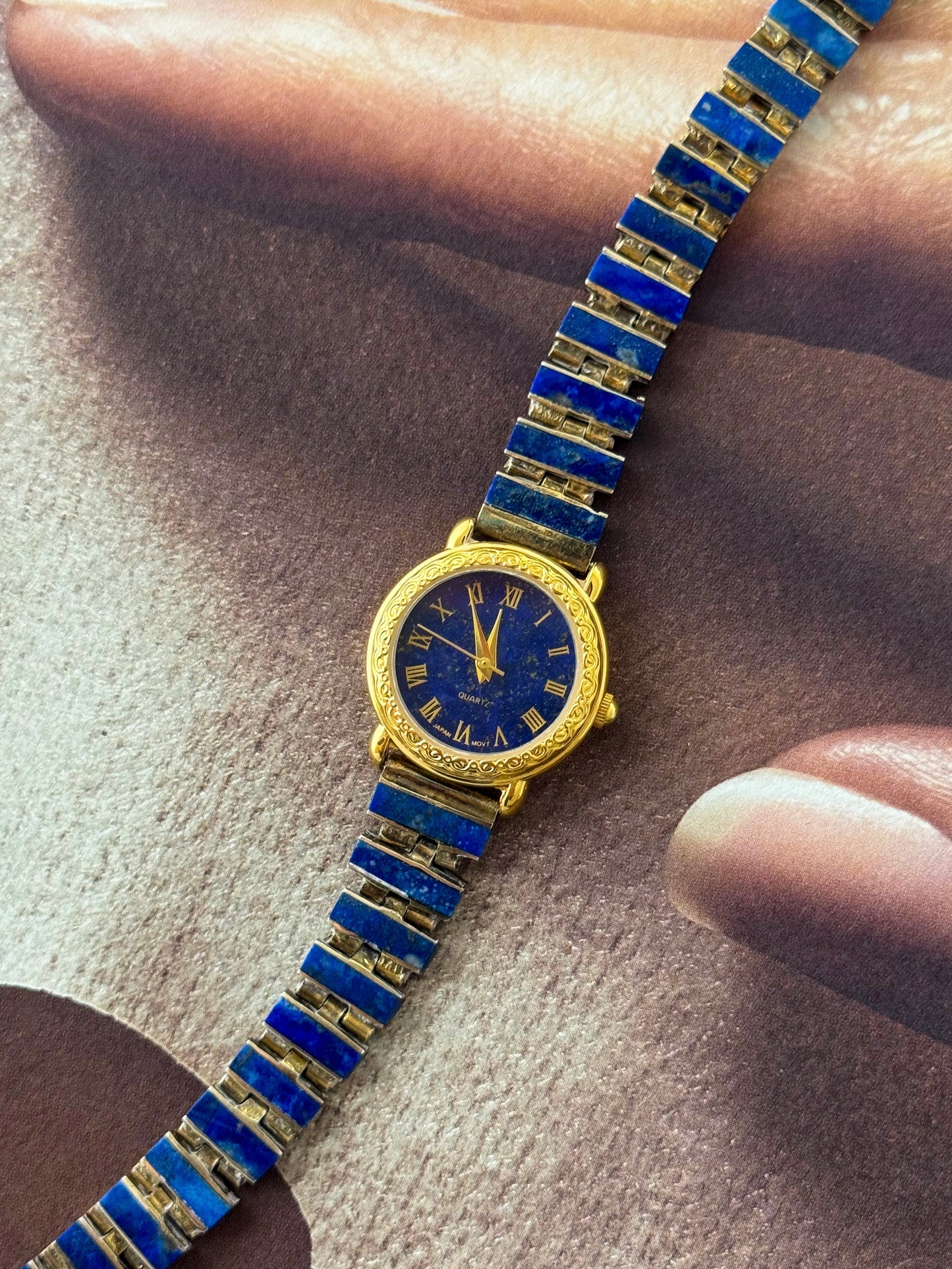 Vintage Gem Time Gold Watch With Genuine Lapis Lazuli Stone Band