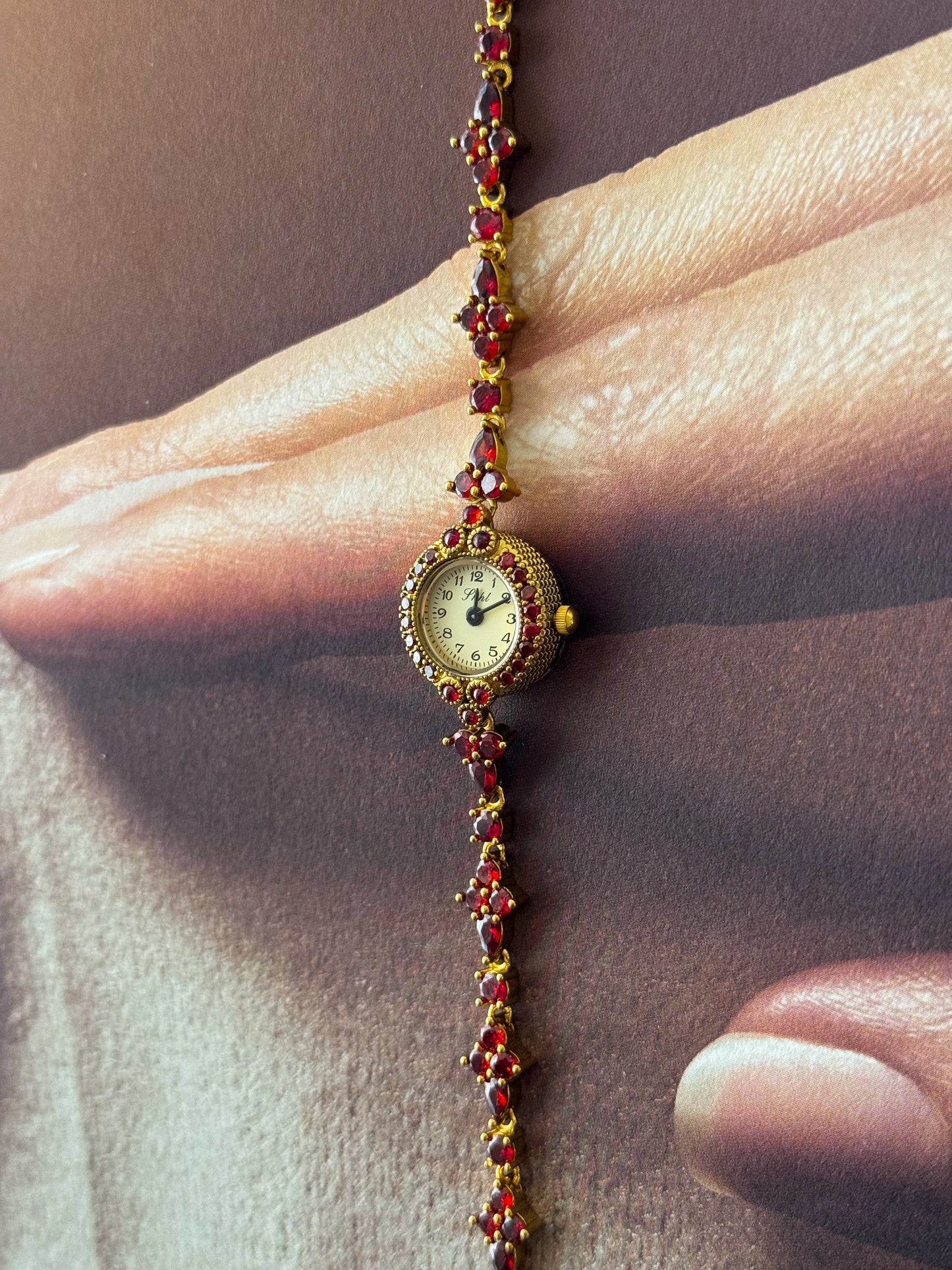 Dainty Red Garnet Stone Watch Bracelet With Petite Dial