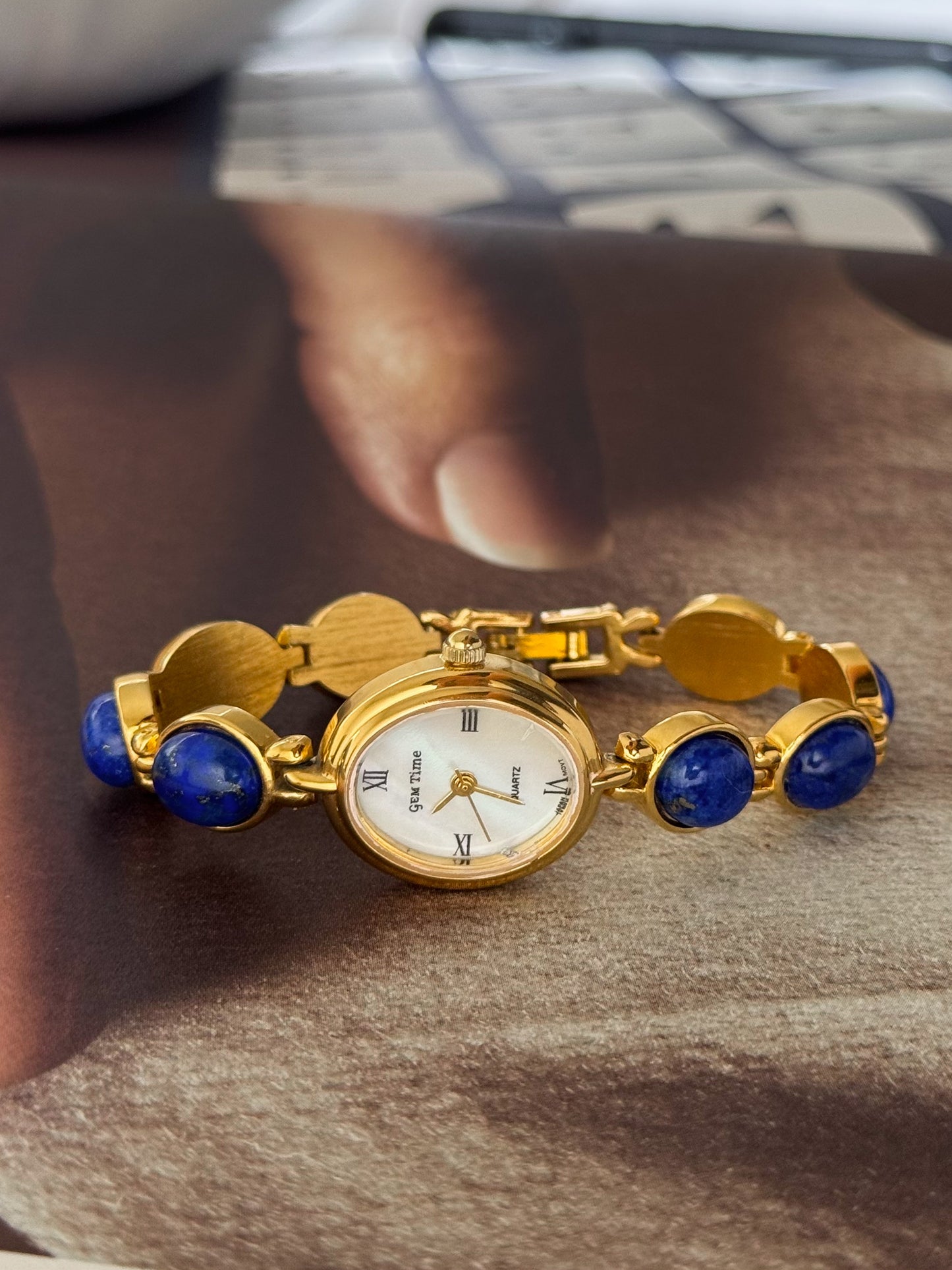Vintage Gem Time Gold Watch With Genuine Lapis Lazuli Stone Band