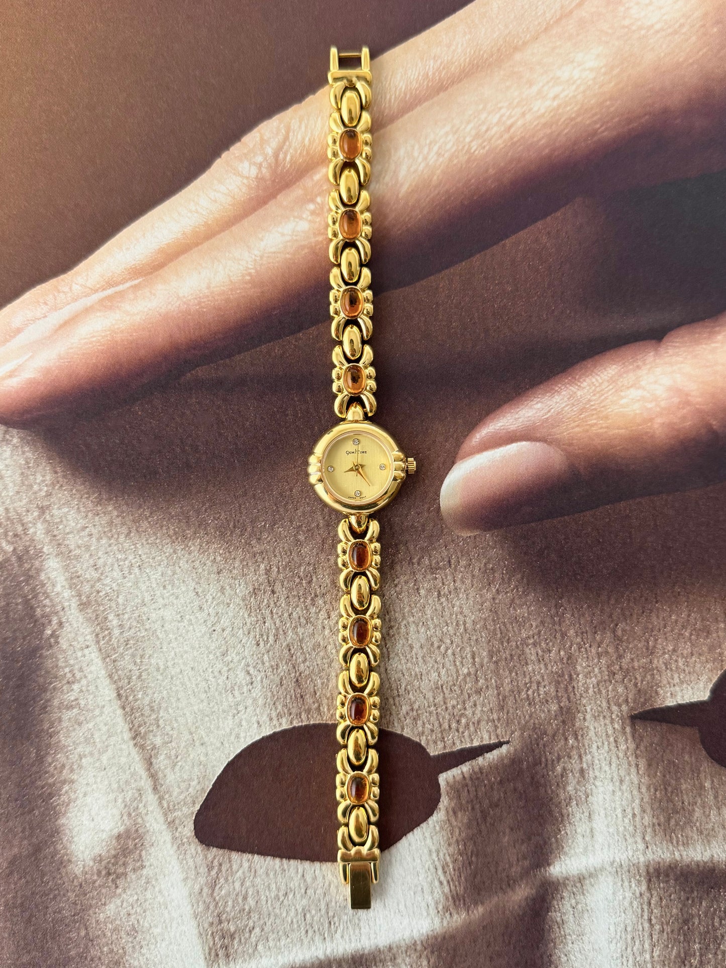 Vintage Gem Time Gold Watch With Orange Amber Gemstone Band