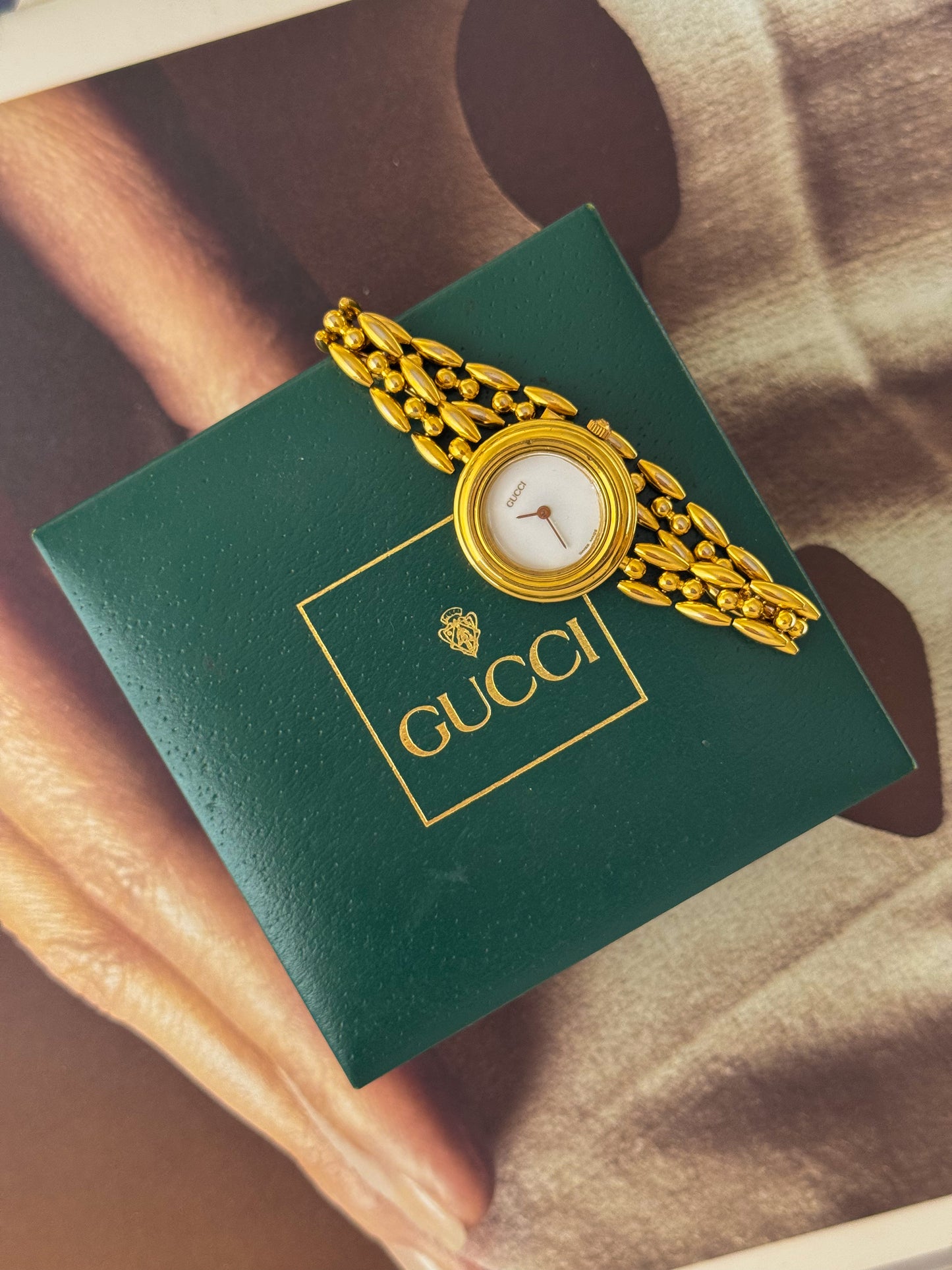 Vintage 1980s Gold Plated Gucci Interchangeable Bezel Watch With Rice Links Band
