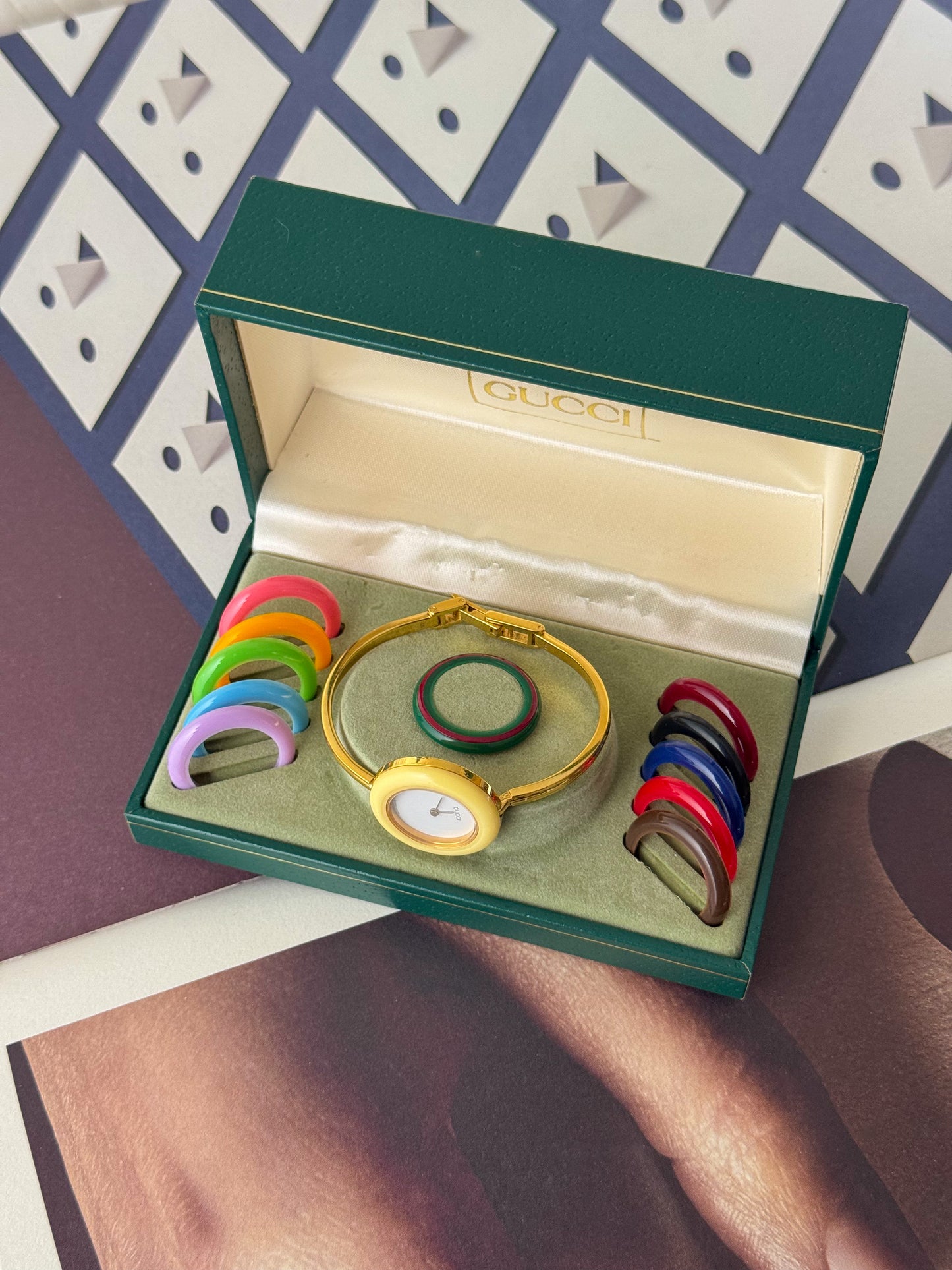Vintage 1980s Gold Plated Gucci Interchangeable Bezel Watch Bangle