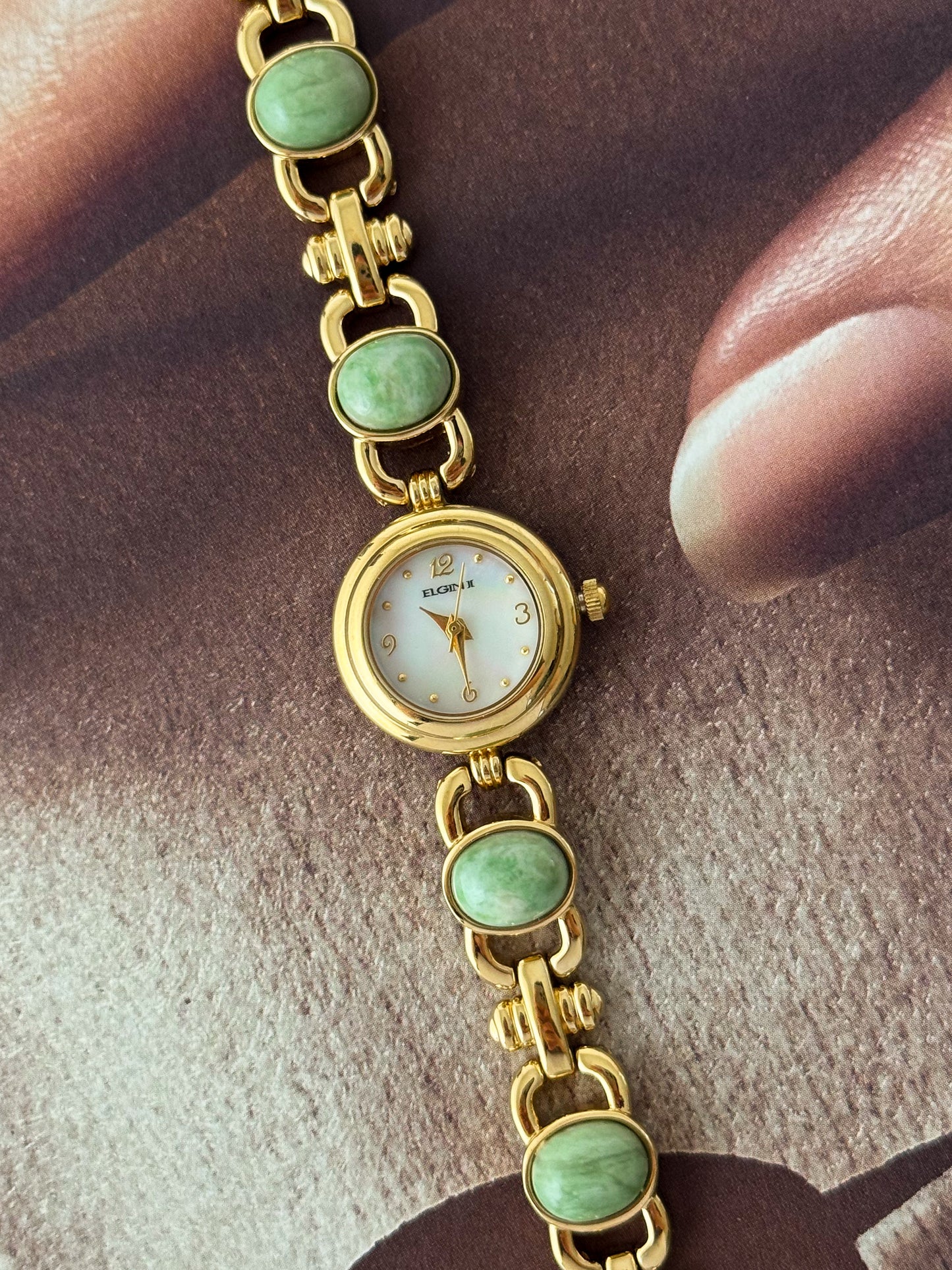Vintage Elgin Gold Watch With Natural Jade Stone Band