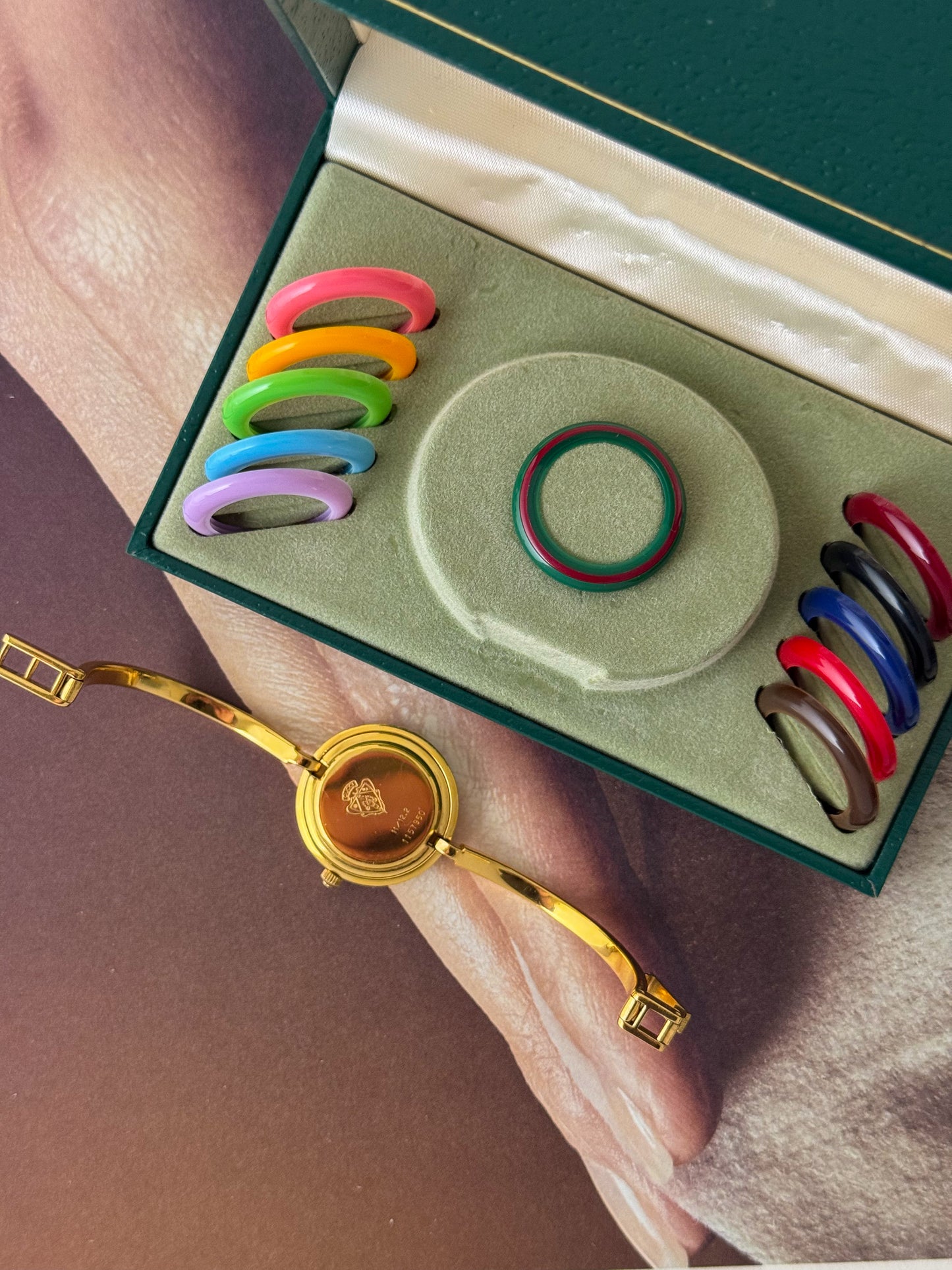 Vintage 1980s Gold Plated Gucci Interchangeable Bezel Watch Bangle