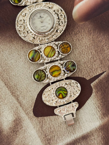 Maximalist Vintage Silver Watch With Natural Abalone