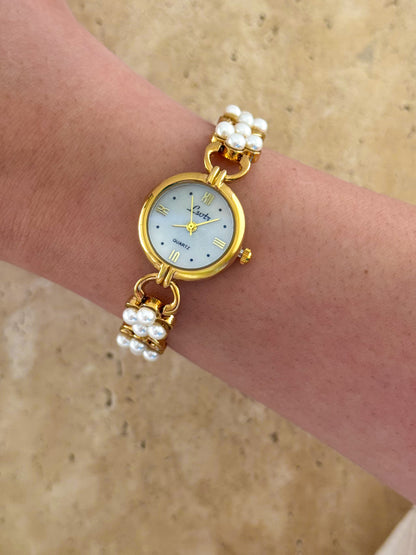 Minimalist Gold Watch With Pearl Bracelet Band