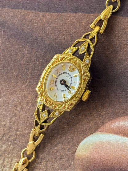 Vintage Japanese Agete Art Deco Style Gold Watch White Dial and Dainty Wristband