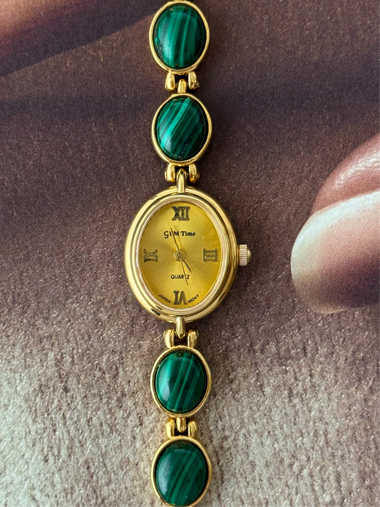 Vintage Gem Time Gold Watch With Malachite Stone Band