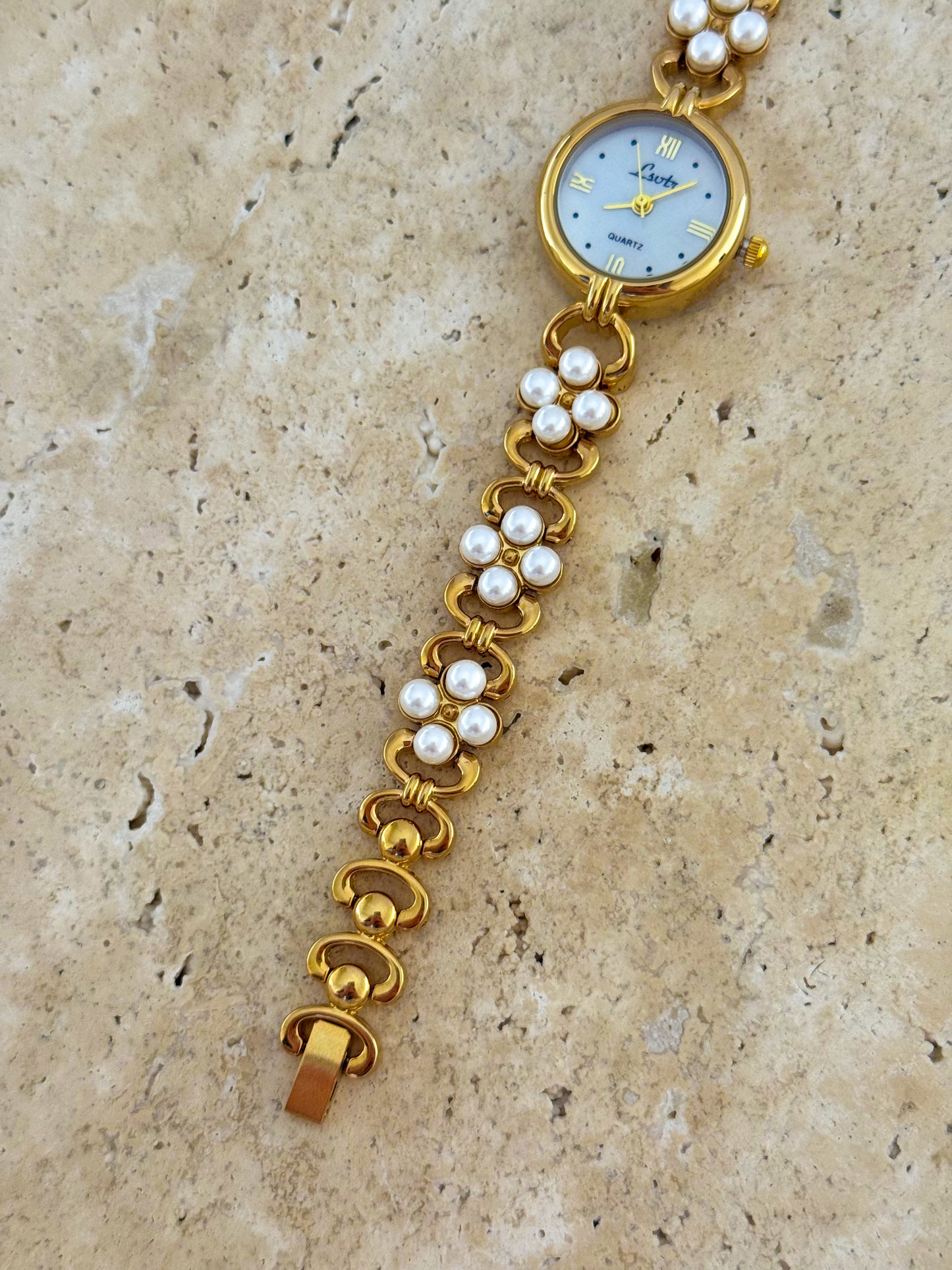 Minimalist Gold Watch With Pearl Bracelet Band