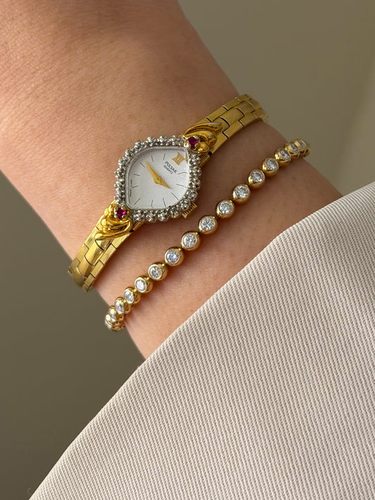 Vintage Pulsar Gold Watch With Red Garnet Gemstones and Diamond Accent