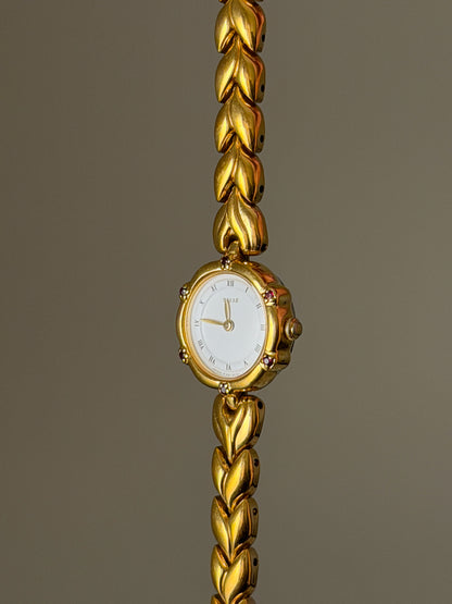 Very Rare 1990s Gold Vintage Seiko Tisse Watch With 6 Natural Ruby Gemstones
