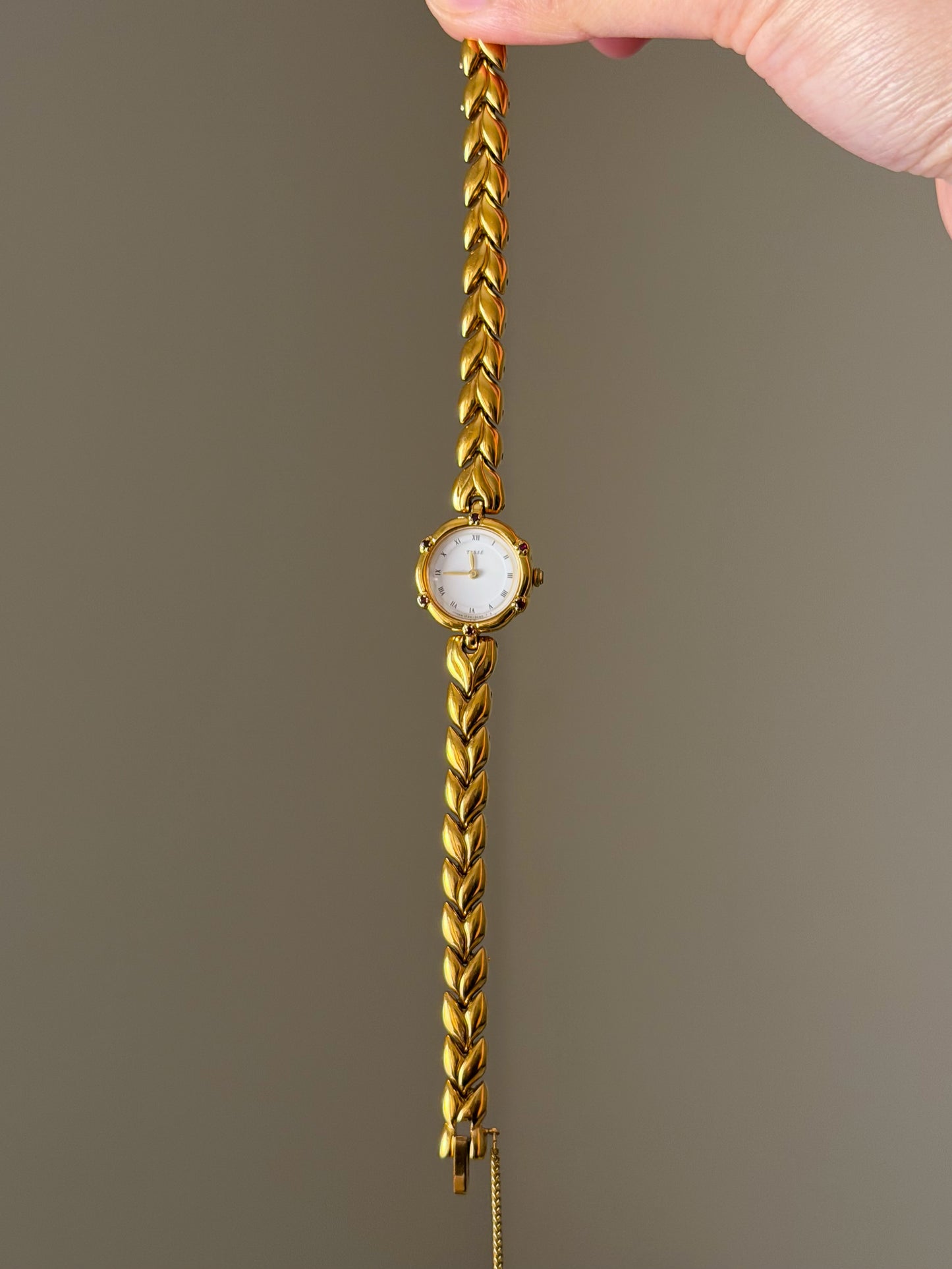 Very Rare 1990s Gold Vintage Seiko Tisse Watch With 6 Natural Ruby Gemstones