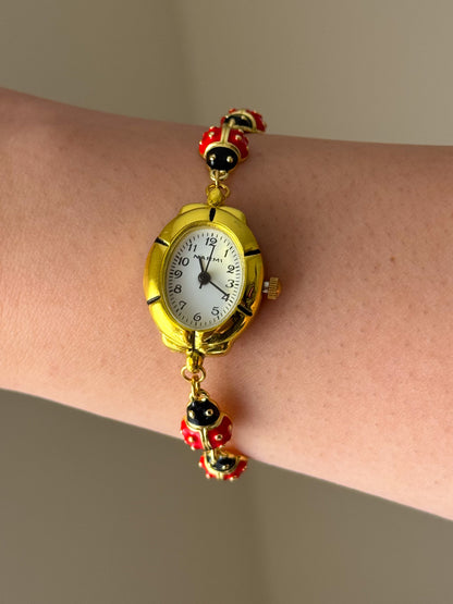 Dainty Gold Tone Ladybug Watch Bracelet