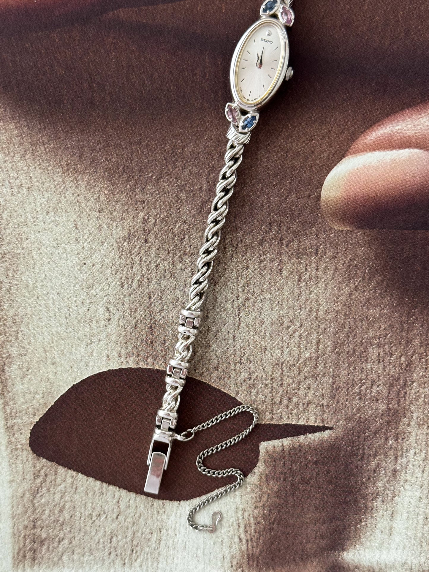 Extremely Rare 1990s Silver Seiko Watch With Genuine Gemstones Oval Face and Dainty Rope Band