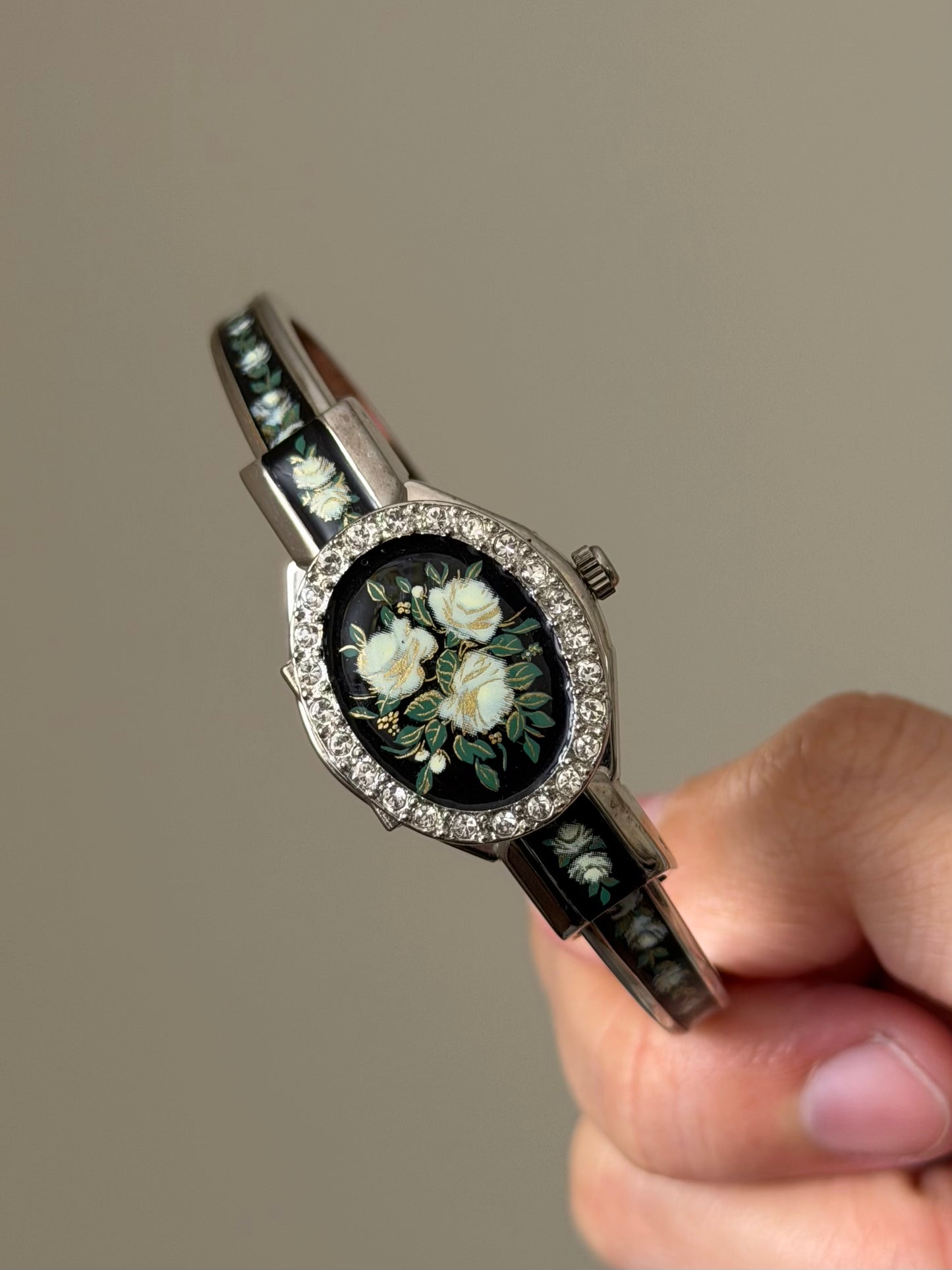 Vintage Black Enamel Andre Mouche Peekaboo Cuff Watch Bangle With Flower and Diamond Accent