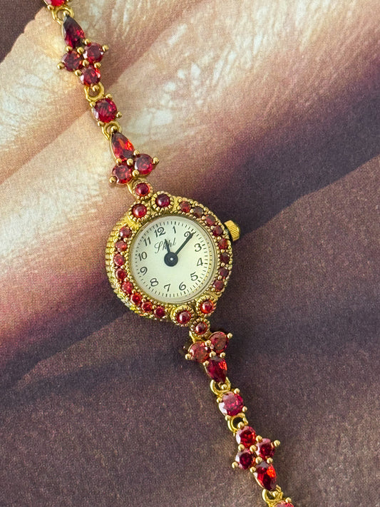 Dainty Red Garnet Stone Watch Bracelet With Petite Dial