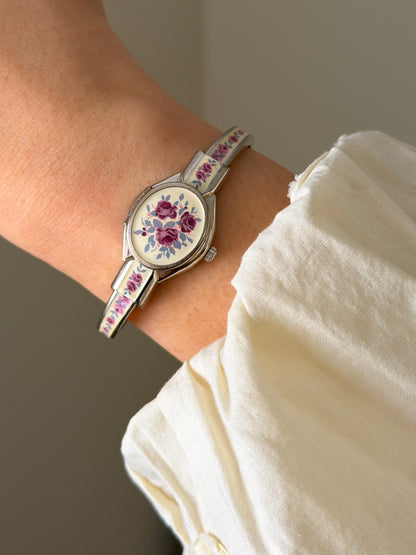 Vintage Silver Tone André Mouche Peekaboo Cuff Watch With White Enamel and Pink Rose Design