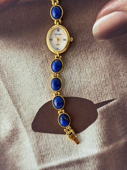 Vintage Gem Time Gold Watch With Genuine Lapis Lazuli Stone Band