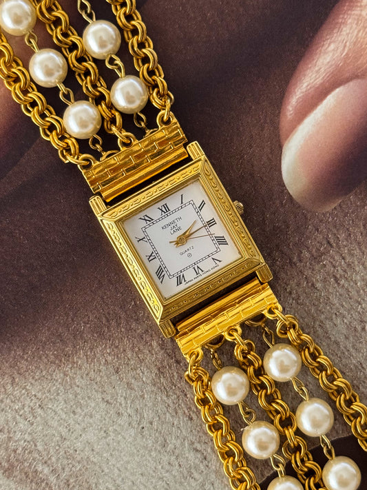 Vintage Kenneth Jay Lane (KJL) Gold Watch With Pearl Band and Square Case