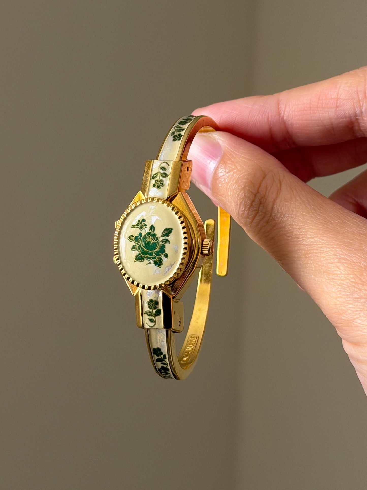 Vintage Gold Tone Andre Mouche Peekaboo Cuff Watch With a Green Peony Enamel Flower Design