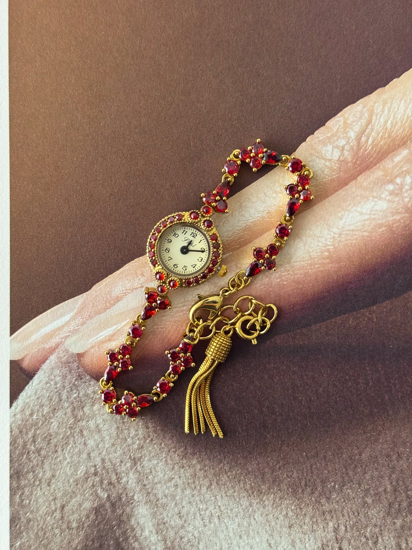Dainty Red Garnet Stone Watch Bracelet With Petite Dial