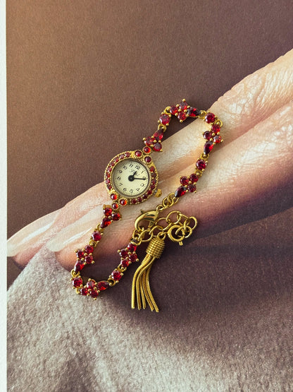 Dainty Red Garnet Stone Watch Bracelet With Petite Dial