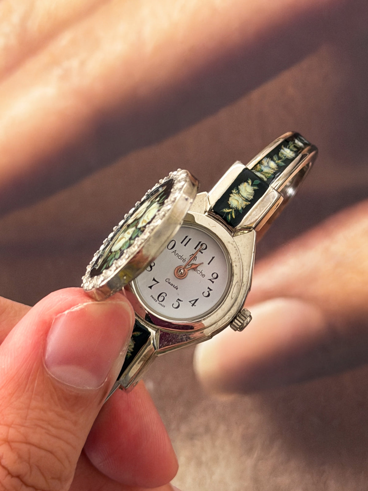 Vintage Black Enamel Andre Mouche Peekaboo Cuff Watch Bangle With Flower and Diamond Accent