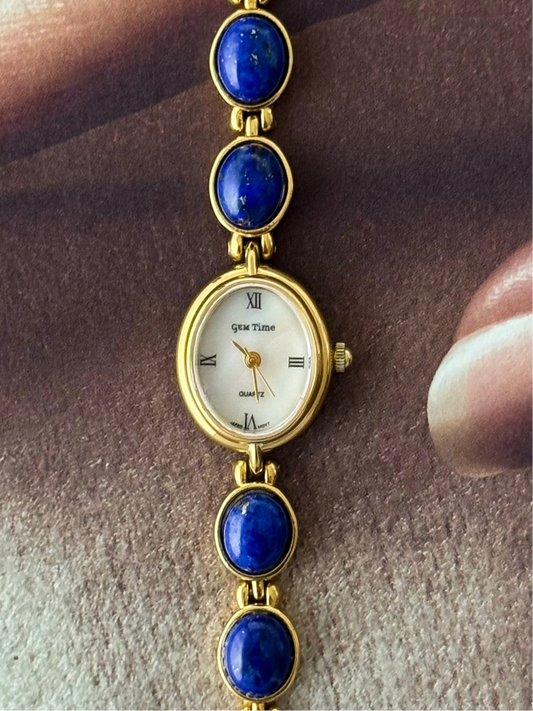 Vintage Gem Time Gold Watch With Genuine Lapis Lazuli Stone Band