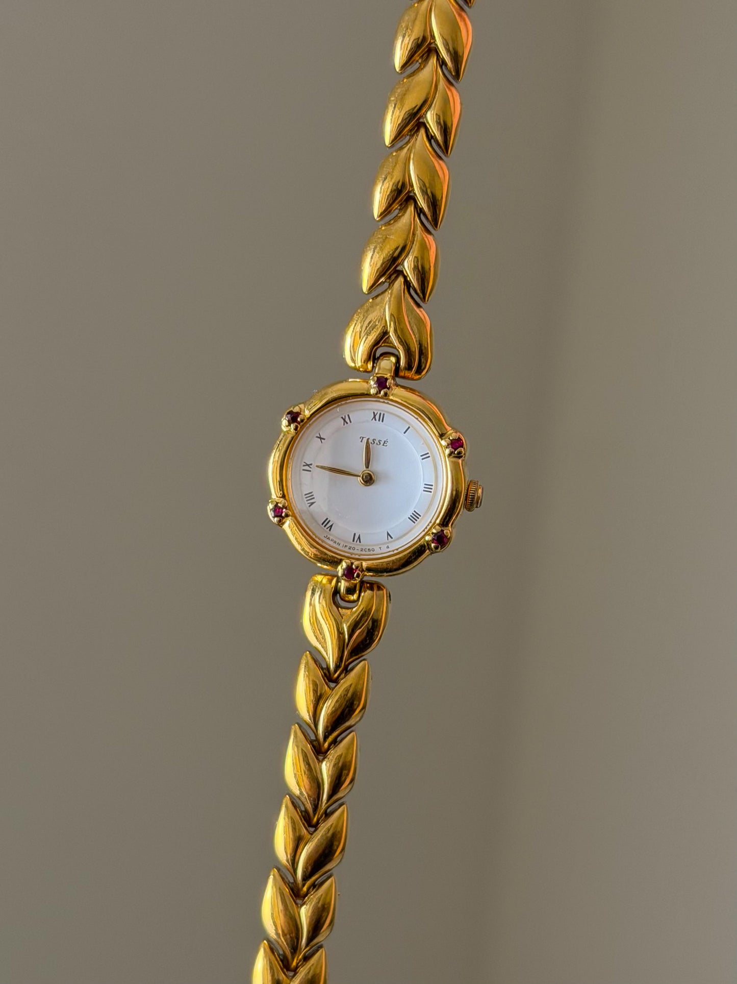Very Rare 1990s Gold Vintage Seiko Tisse Watch With 6 Natural Ruby Gemstones
