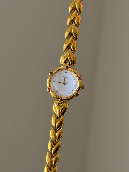 Very Rare 1990s Gold Vintage Seiko Tisse Watch With 6 Natural Ruby Gemstones
