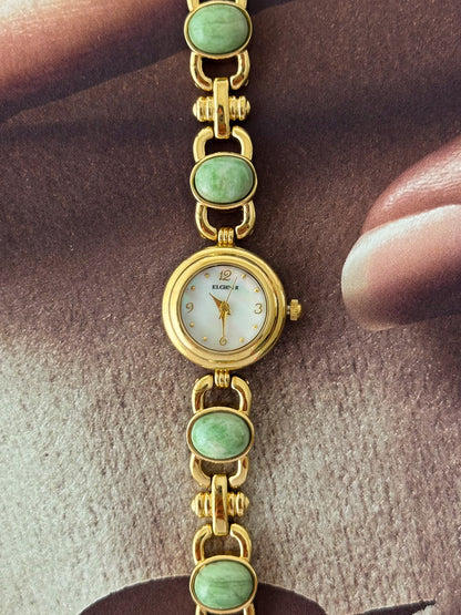 Vintage Elgin Gold Watch With Natural Jade Stone Band