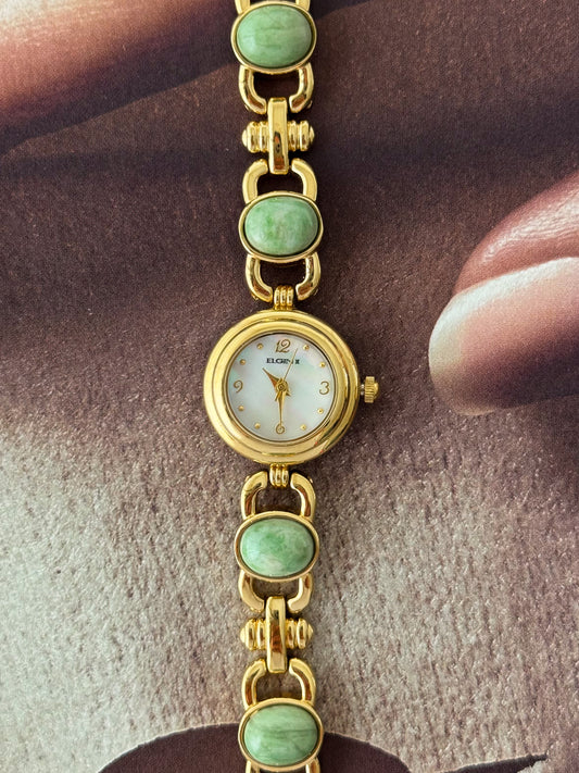 Vintage Elgin Gold Watch With Natural Jade Stone Band